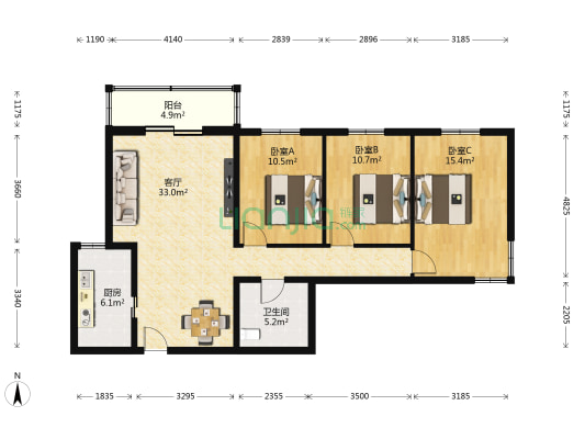 文体路甲3号院 3室1厅1卫 116平方