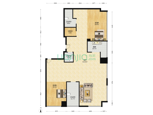 天悦外滩金融中心 2室1厅3卫 291平方