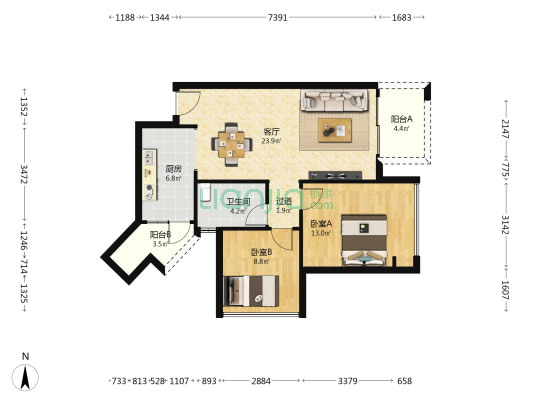 兴茂时代广场(万州) 2室1厅1卫 77平方