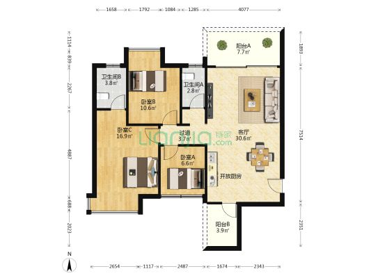 海茵国际花城别墅区 3室1厅2卫 100平方