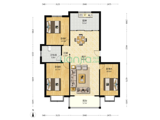 锦绣苑 3室1厅1卫 117平方