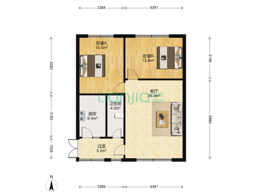 解放路3号 2室1厅1卫 85平方