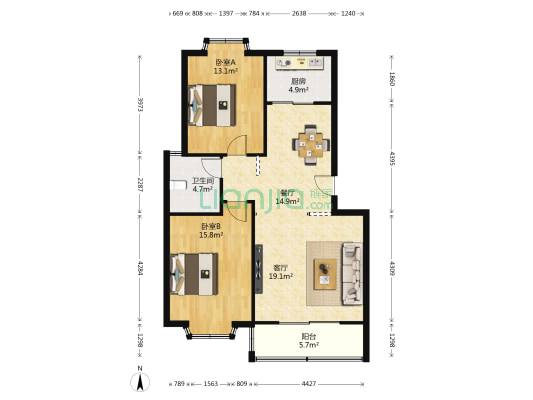 红谷世纪花园D区 2室2厅1卫 98平方