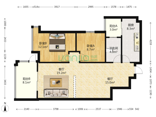 滇池卫城蓝域晴天 2室2厅1卫 87平方