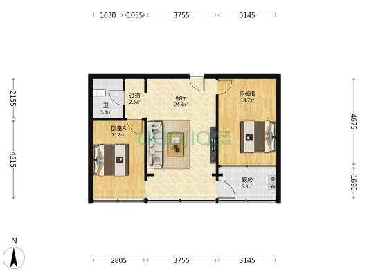 民族花园 2室1厅1卫 77平方