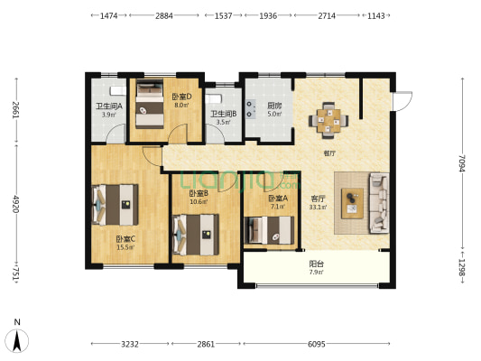 连江建发双玺书香府 4室1厅2卫 117平方