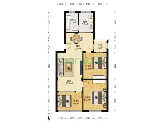 海南金海城公寓 3室2厅1卫 88平方