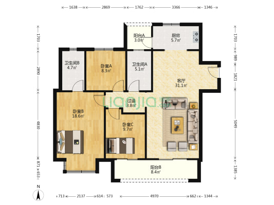 康桥那云溪 3室1厅2卫 127平方