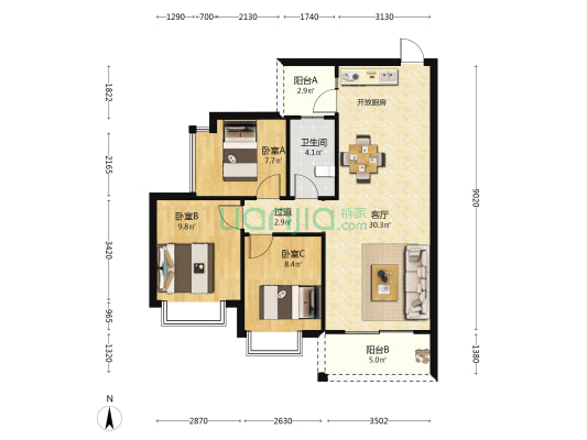 海韵豪庭 3室1厅1卫 92平方
