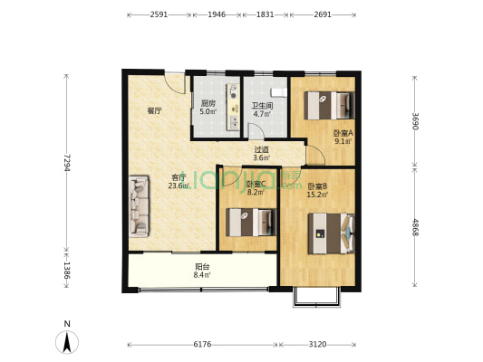 学府书香苑 3室1厅1卫 110平方