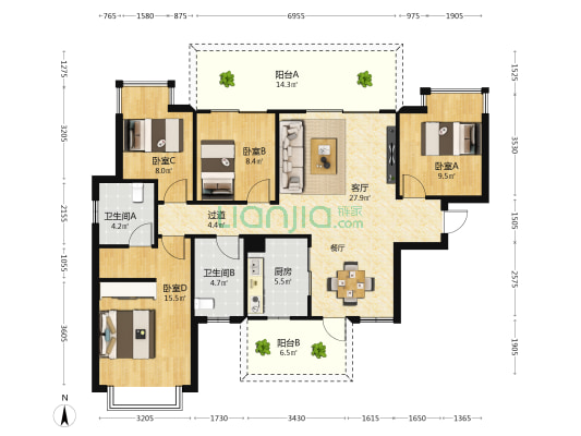 锦悦江南 4室1厅2卫 128平方