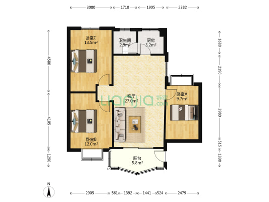 海润花园 3室1厅1卫 91平方