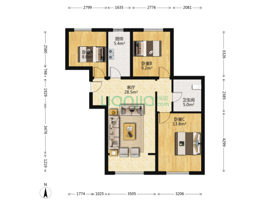 绿地朗山公馆北区 3室1厅1卫 102平方