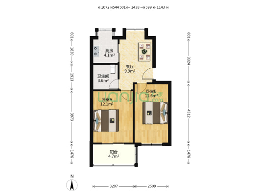 龙跃路百货公司宿舍 2室1厅1卫 98平方