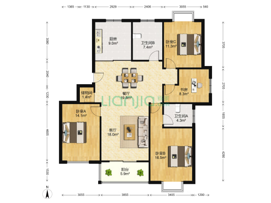 豪天花苑 4室2厅2卫 134平方