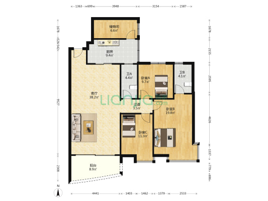 柏涛轩 3室1厅2卫 133平方