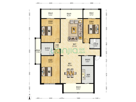 工行崇支宫保里小区 3室2厅3卫 172平方