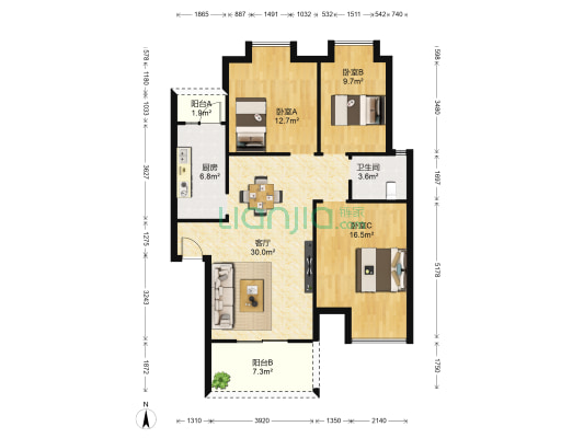 玫白兰丽舍一期B区 3室1厅1卫 102平方