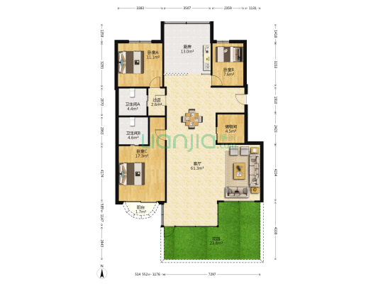 中山小区 3室1厅2卫 147平方