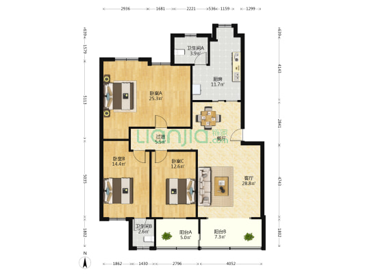 沿江北大道 3室1厅2卫 130平方