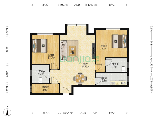 曲江颐景 2室1厅2卫 121平方