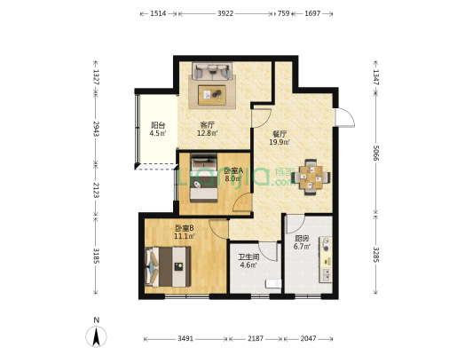 阳光尚东 2室2厅1卫 98平方