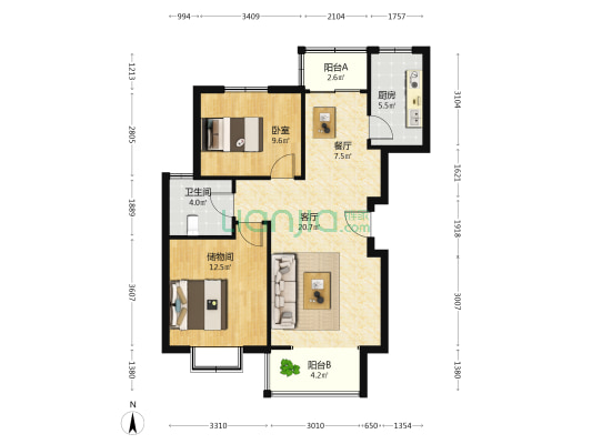 时代花园(宁河) 1室2厅1卫 88平方