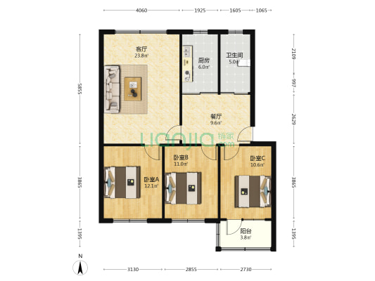 房本满五，南北通透三居室，得房率高，还有一个小房-户型图