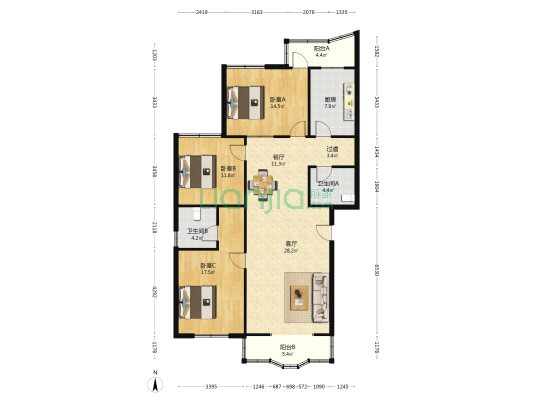 电力小区(临潼) 3室2厅2卫 142平方