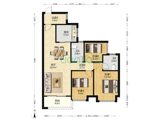 时代倾城水岸雅苑 3室1厅2卫 96平方