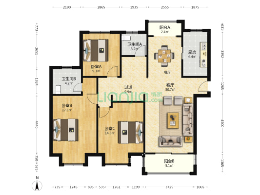 远香舫新苑 3室1厅2卫 135平方