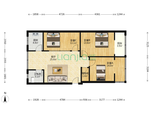 西体北路1号 3室1厅1卫 92平方