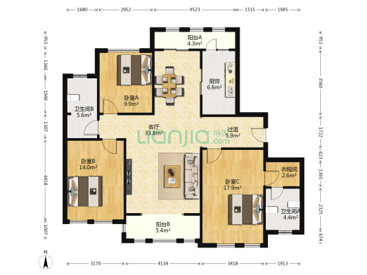 风景御园 3室1厅2卫 155平方