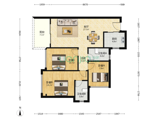 星河臻誉府 3室1厅2卫 103平方