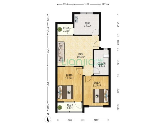 劳动技校宿舍 2室1厅1卫 78平方