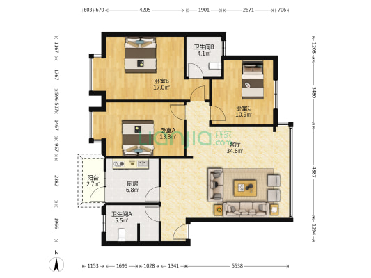 东润风景三期 3室1厅2卫 109平方