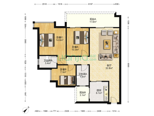 金汇华庭 3室1厅2卫 113平方