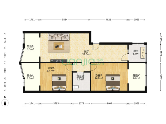 关家公寓 2室1厅1卫 105平方
