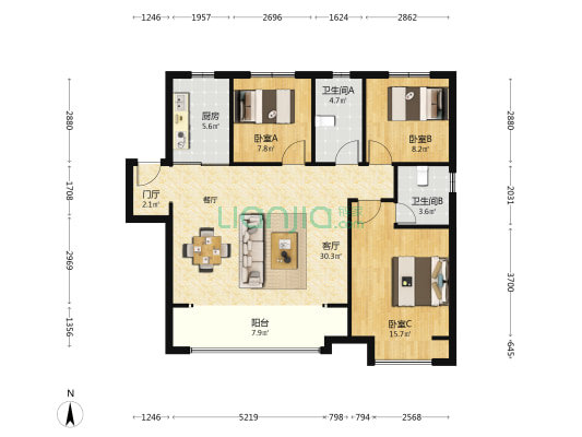 绿地卢浮公馆 3室1厅2卫 111平方