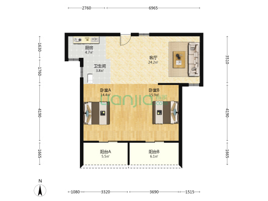 东郡华府 2室1厅1卫 90平方