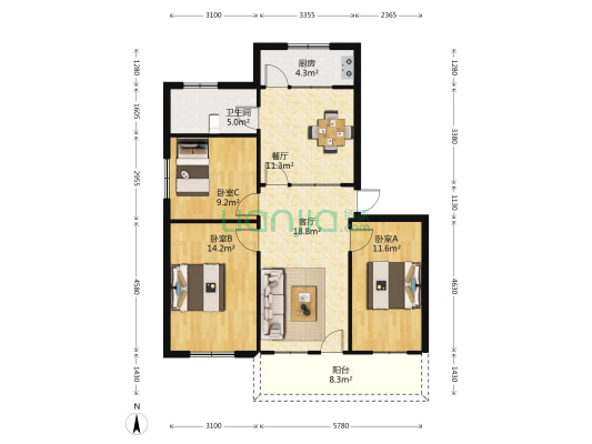 金属材料家属院  3室2厅1卫 97平方