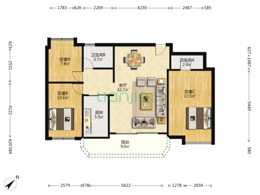 自来水宿舍 3室1厅2卫 105平方
