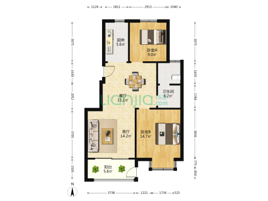 张北苑 2室2厅1卫 87平方