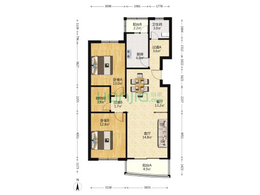 中凯城市之光 2室2厅1卫 108平方