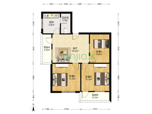 人防宿舍 3室1厅1卫 80平方