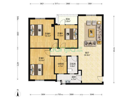 建华大厦 3室1厅1卫 107平方