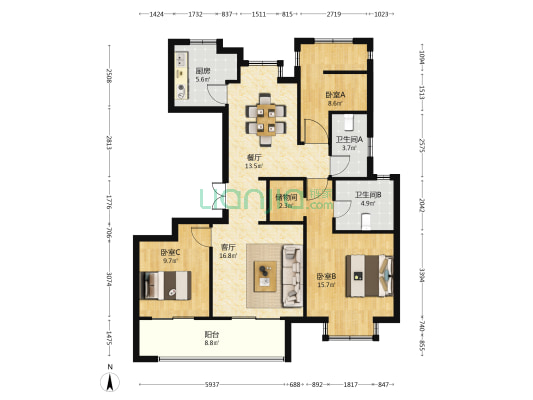 海玥华府 3室2厅2卫 117平方