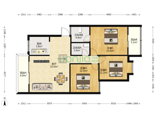 醉棠苑 3室1厅2卫 111平方
