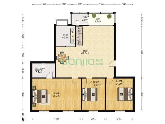 晶莹楼 3室1厅2卫 126平方