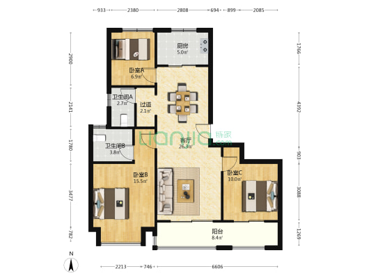 滨河湾B区 3室1厅2卫 118平方